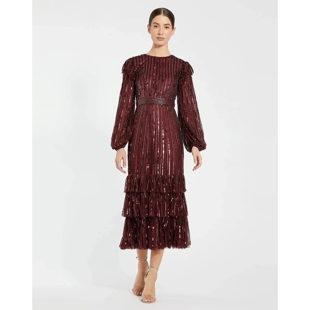 Mac Duggal Burgundy Sequin Tiered Midi Dress Long Sleeve Formal 23003 BUR 18
